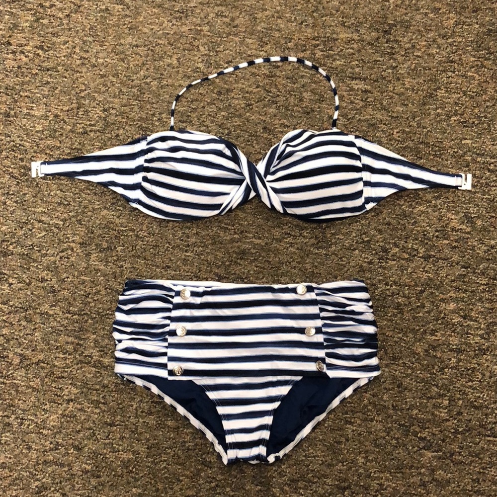 Navy Blue & white Striped Bathing Suit